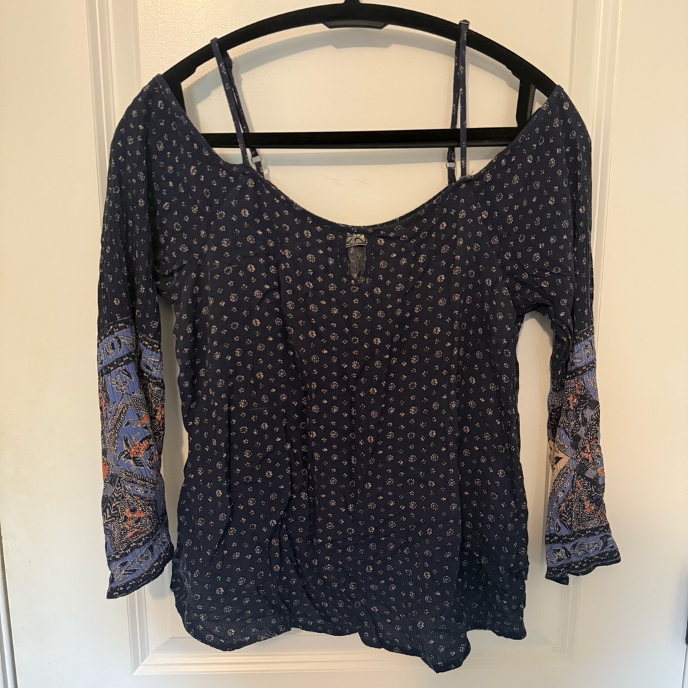 Women's Navy Blue Patterned Off-Shoulder Top